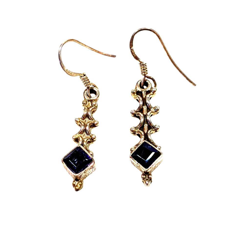Iolite Earrings 925 Sterling Silver Textured Dangle Hooks Fairy Coquette 4.4gr